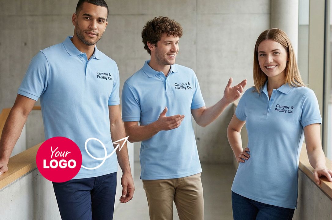 Team wearing custom blue polo workwear